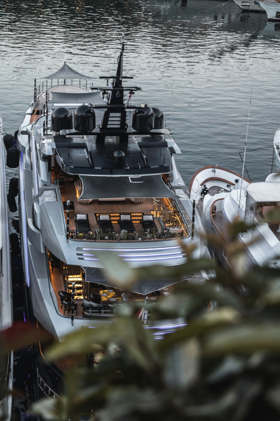 Superyacht decks at dusk in the marina